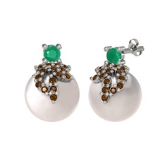 Kök zümrüt, dumanlı kuvars ve inci 925 ayar gümüş küpe