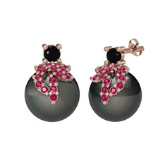 Afra İnci Küpe - Siyah zirkon, rodolit garnet ve siyah inci 18 ayar rose altın küpe #1gf49zx