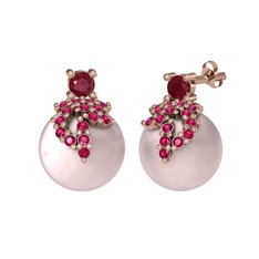 Kök yakut, rodolit garnet ve pembe inci 18 ayar rose altın küpe