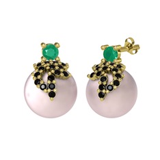 Kök zümrüt, siyah zirkon ve pembe inci 14 ayar altın küpe