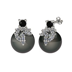 Afra İnci Küpe - Siyah zirkon, pırlanta ve siyah inci 14 ayar beyaz altın küpe (0.352 karat) #1h56vh3