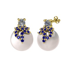 Afra İnci Küpe - Pırlanta, lab safir ve inci 14 ayar altın küpe (0.22 karat) #1h74iow