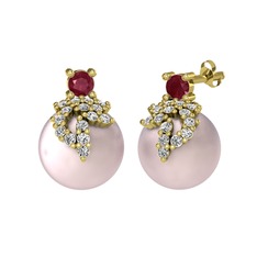 Kök yakut, swarovski ve pembe inci 8 ayar altın küpe