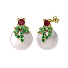 Afra İnci Küpe - Kök yakut, yeşil kuvars ve inci 14 ayar altın küpe #1hc3h3m