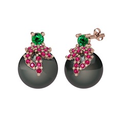 Afra İnci Küpe - Yeşil kuvars, rodolit garnet ve siyah inci 8 ayar rose altın küpe #1hxg49d