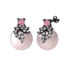 Pembe kuvars, swarovski ve pembe inci 925 ayar siyah rodyum kaplama gümüş küpe