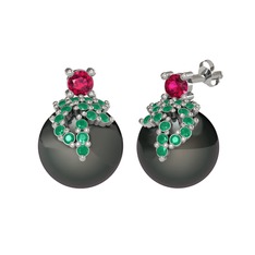 Afra İnci Küpe - Rodolit garnet, kök zümrüt ve siyah inci 14 ayar beyaz altın küpe #1je76mw