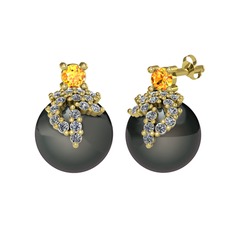 Afra İnci Küpe - Sitrin, pırlanta ve siyah inci 18 ayar altın küpe (0.352 karat) #1jj76h5