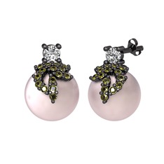 Afra İnci Küpe - Swarovski, peridot ve pembe inci 925 ayar siyah rodyum kaplama gümüş küpe #1jsmdzu