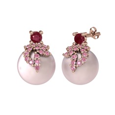 Kök yakut, pembe kuvars ve pembe inci 14 ayar rose altın küpe