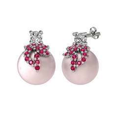 Afra İnci Küpe - Swarovski, rodolit garnet ve pembe inci 18 ayar beyaz altın küpe #1jvr93z