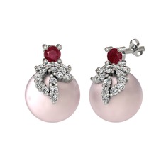 Kök yakut, swarovski ve pembe inci 925 ayar gümüş küpe