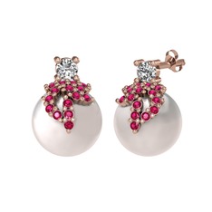 Afra İnci Küpe - Beyaz zirkon, rodolit garnet ve inci 8 ayar rose altın küpe #1khr8mk