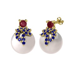 Afra İnci Küpe - Kök yakut, lab safir ve inci 8 ayar altın küpe #1kugy18