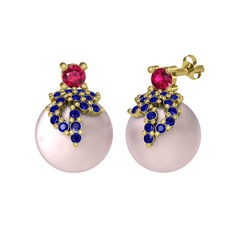 Afra İnci Küpe - Rodolit garnet, lab safir ve pembe inci 8 ayar altın küpe #1kwmtb1