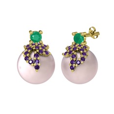 Afra İnci Küpe - Kök zümrüt, ametist ve pembe inci 8 ayar altın küpe #1kxrasg