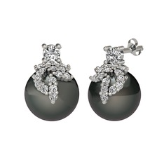 Beyaz zirkon, swarovski ve siyah inci 18 ayar beyaz altın küpe