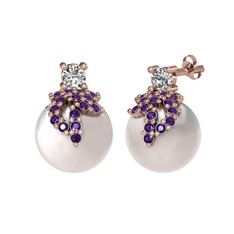 Afra İnci Küpe - Swarovski, ametist ve inci 8 ayar rose altın küpe #1llt79k