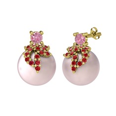 Afra İnci Küpe - Pembe kuvars, garnet ve pembe inci 18 ayar altın küpe #1loat3c