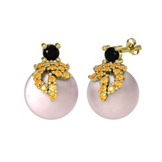 Afra İnci Küpe - Siyah zirkon, sitrin ve pembe inci 8 ayar altın küpe #1lopavg