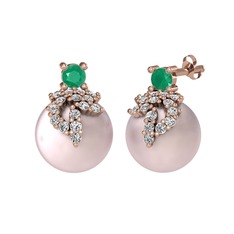 Afra İnci Küpe - Kök zümrüt, swarovski ve pembe inci 18 ayar rose altın küpe #1lqnftt