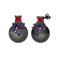 Afra İnci Küpe - Garnet, ametist ve siyah inci 925 ayar siyah rodyum kaplama gümüş küpe #1lsnqs2