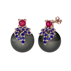 Rodolit garnet, lab safir ve siyah inci 18 ayar rose altın küpe