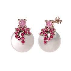 Afra İnci Küpe - Pembe kuvars, rodolit garnet ve inci 8 ayar rose altın küpe #1lwe85k