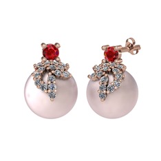 Afra İnci Küpe - Garnet, pırlanta ve pembe inci 8 ayar rose altın küpe (0.352 karat) #1lyugdp