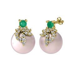 Kök zümrüt, beyaz zirkon ve pembe inci 14 ayar altın küpe