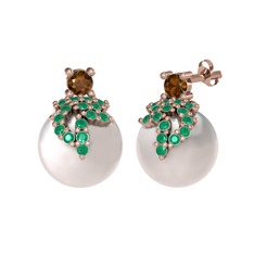 Afra İnci Küpe - Dumanlı kuvars, kök zümrüt ve inci 8 ayar rose altın küpe #1mmmtfw