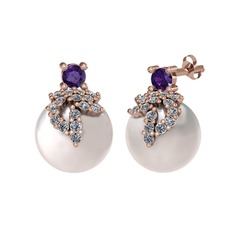 Ametist, pırlanta ve inci 14 ayar rose altın küpe (0.352 karat)