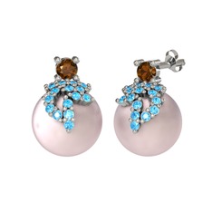 Dumanlı kuvars, akuamarin ve pembe inci 18 ayar beyaz altın küpe