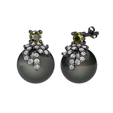 Afra İnci Küpe - Peridot, swarovski ve siyah inci 925 ayar siyah rodyum kaplama gümüş küpe #1my4umy