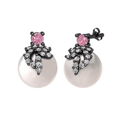 Afra İnci Küpe - Pembe kuvars, swarovski ve inci 925 ayar siyah rodyum kaplama gümüş küpe #1n06k6t
