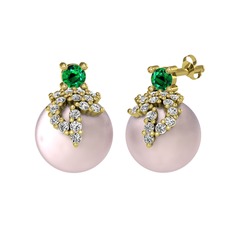 Afra İnci Küpe - Yeşil kuvars, swarovski ve pembe inci 14 ayar altın küpe #1n3t1e6