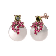 Peridot, rodolit garnet ve inci 925 ayar rose altın kaplama gümüş küpe