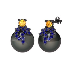 Afra İnci Küpe - Sitrin, lab safir ve siyah inci 925 ayar siyah rodyum kaplama gümüş küpe #1nbys94