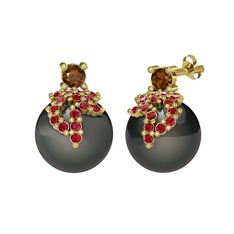 Dumanlı kuvars, garnet ve siyah inci 14 ayar altın küpe