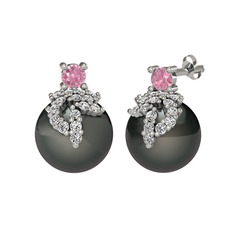 Afra İnci Küpe - Pembe kuvars, swarovski ve siyah inci 18 ayar beyaz altın küpe #1nnhhce