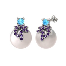 Afra İnci Küpe - Akuamarin, ametist ve inci 14 ayar beyaz altın küpe #1nnqfd2