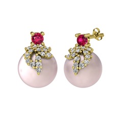 Rodolit garnet, swarovski ve pembe inci 8 ayar altın küpe