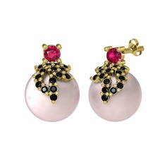 Rodolit garnet, siyah zirkon ve pembe inci 8 ayar altın küpe