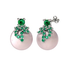 Afra İnci Küpe - Yeşil kuvars, kök zümrüt ve pembe inci 18 ayar beyaz altın küpe #1o4ax65