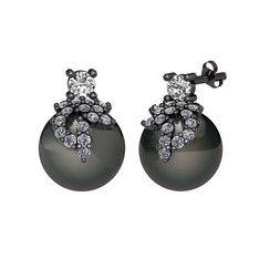 Afra İnci Küpe - Swarovski, pırlanta ve siyah inci 925 ayar siyah rodyum kaplama gümüş küpe (0.352 karat) #1obah4n