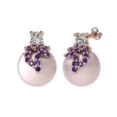 Afra İnci Küpe - Swarovski, ametist ve pembe inci 8 ayar rose altın küpe #1oha0p4