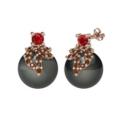 Garnet, dumanlı kuvars ve siyah inci 8 ayar rose altın küpe