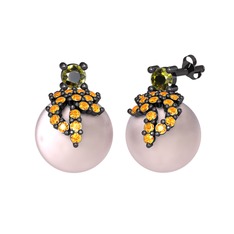 Afra İnci Küpe - Peridot, sitrin ve pembe inci 925 ayar siyah rodyum kaplama gümüş küpe #1ont3wy