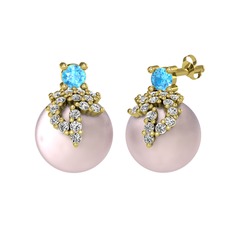 Akuamarin, swarovski ve pembe inci 8 ayar altın küpe