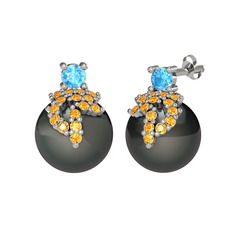 Akuamarin, sitrin ve siyah inci 925 ayar gümüş küpe